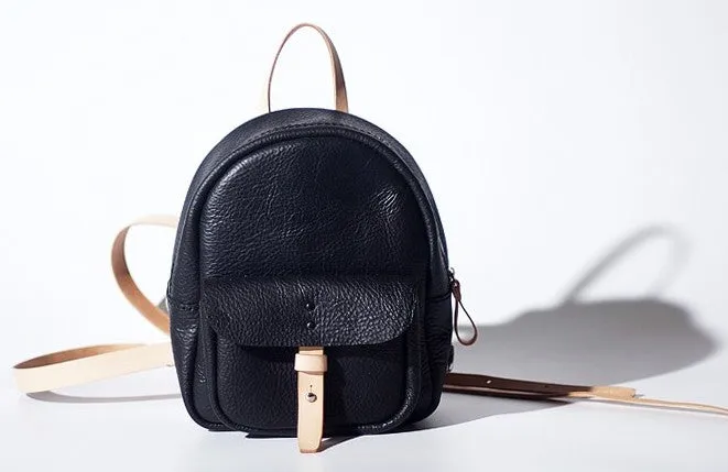 Handmade Women Mini Leather Black Backpack Cute Small Backpack for Women