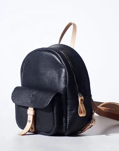 Handmade Women Mini Leather Black Backpack Cute Small Backpack for Women