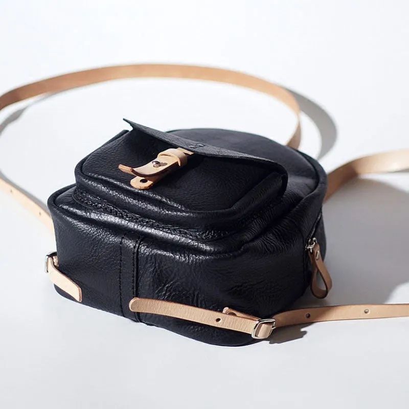 Handmade Women Mini Leather Black Backpack Cute Small Backpack for Women