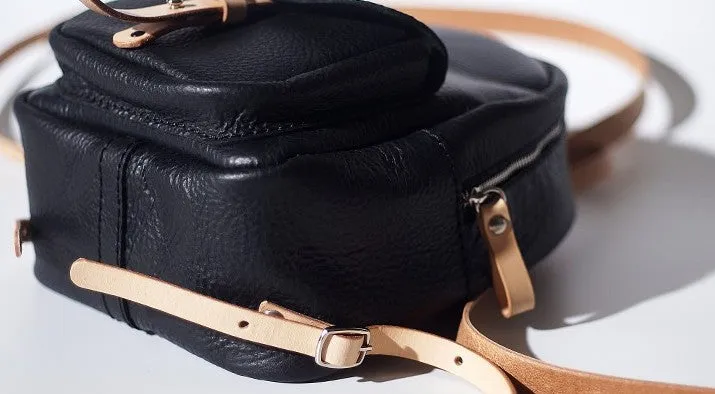 Handmade Women Mini Leather Black Backpack Cute Small Backpack for Women