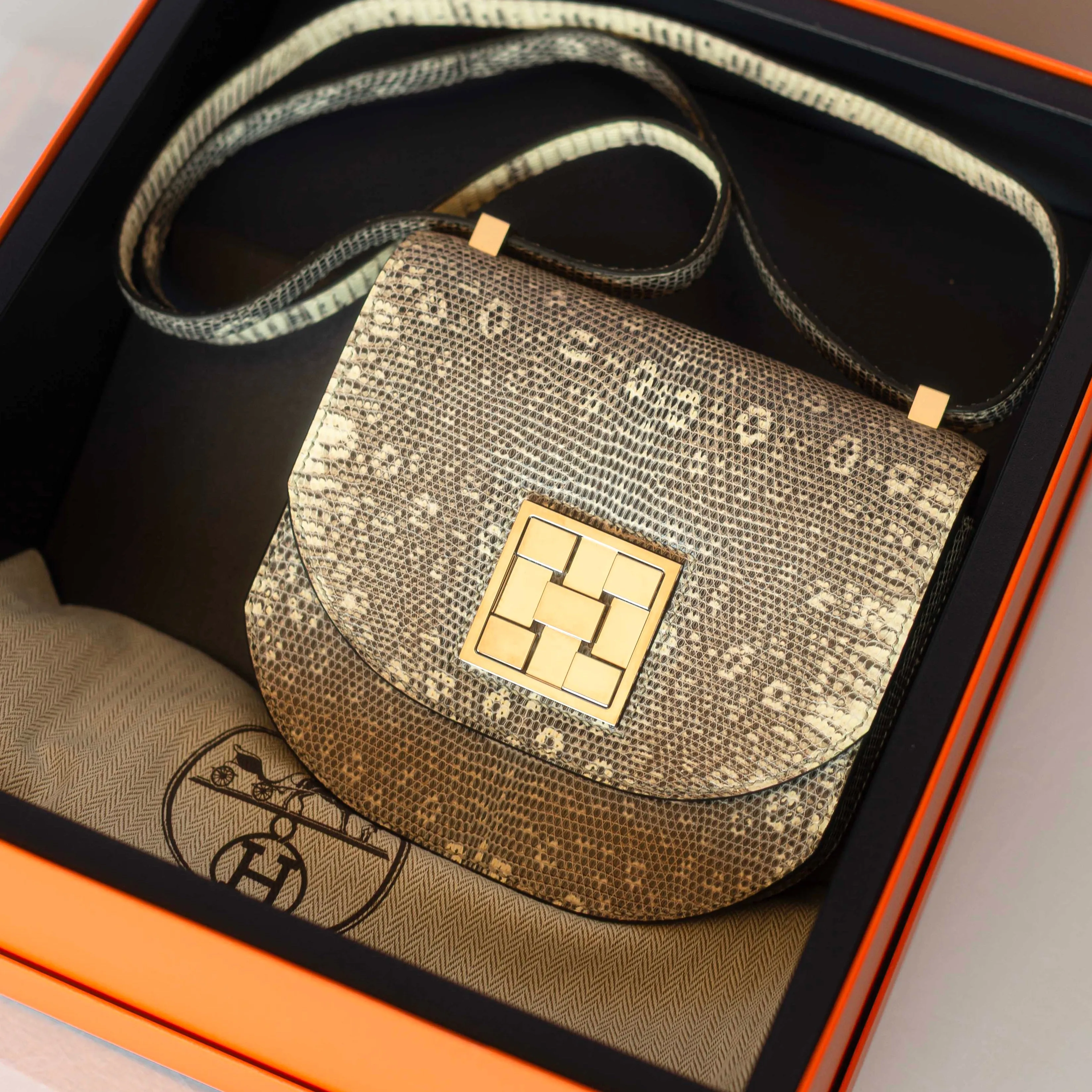 HERM??S - BAG MOSA?QUE 18 LIZARD  SILVER HARDWARE