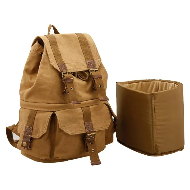 Khaki CANVAS WATERPROOF Womens 15'' MENS BACKPACK LARGE School Backpack Hiking Backpack FOR MEN