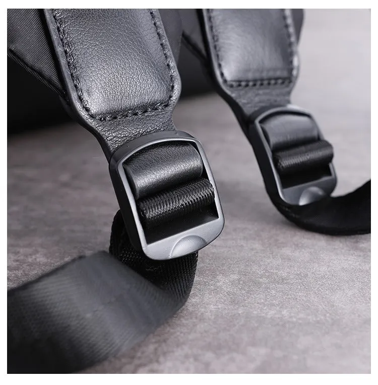 Nylon Backpack Womens 15 inches School Backpack Purse Black Nylon Leather Travel Rucksack for Ladies