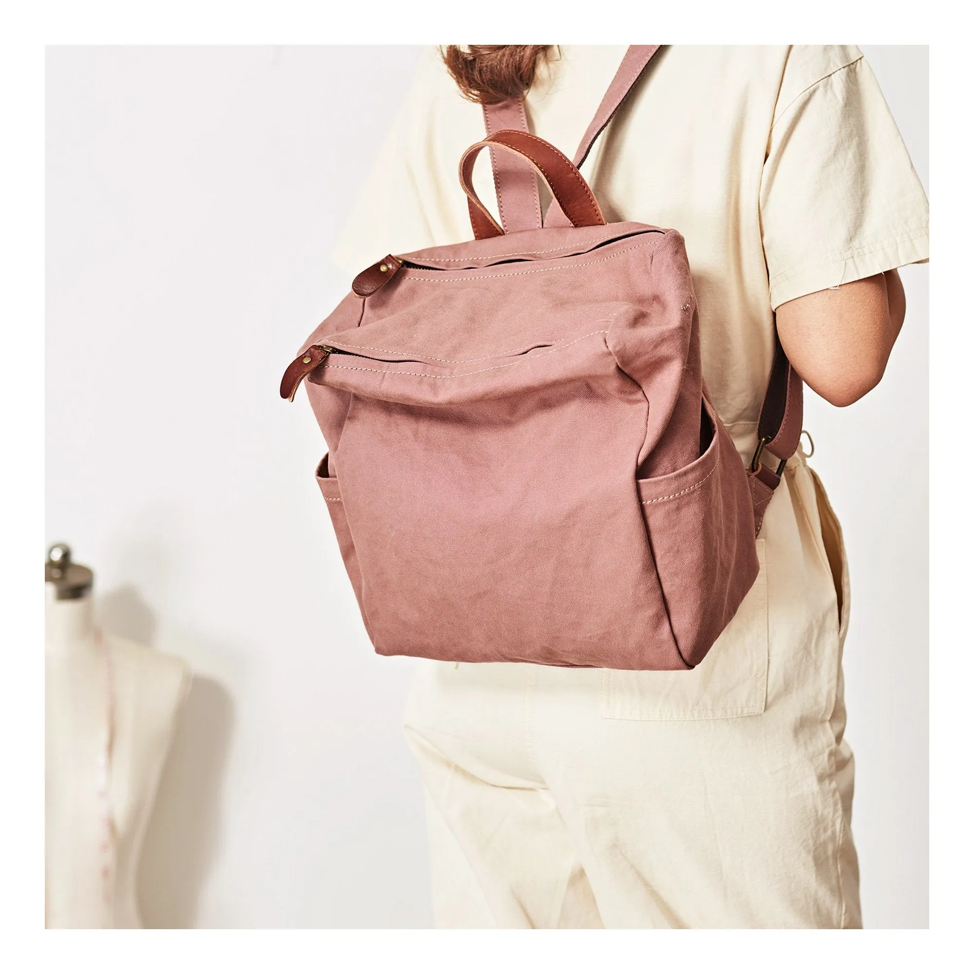 Pink Canvas Mens Womens Cube Rucksack Satchel Backpack Canvas School Backpack for Men Women