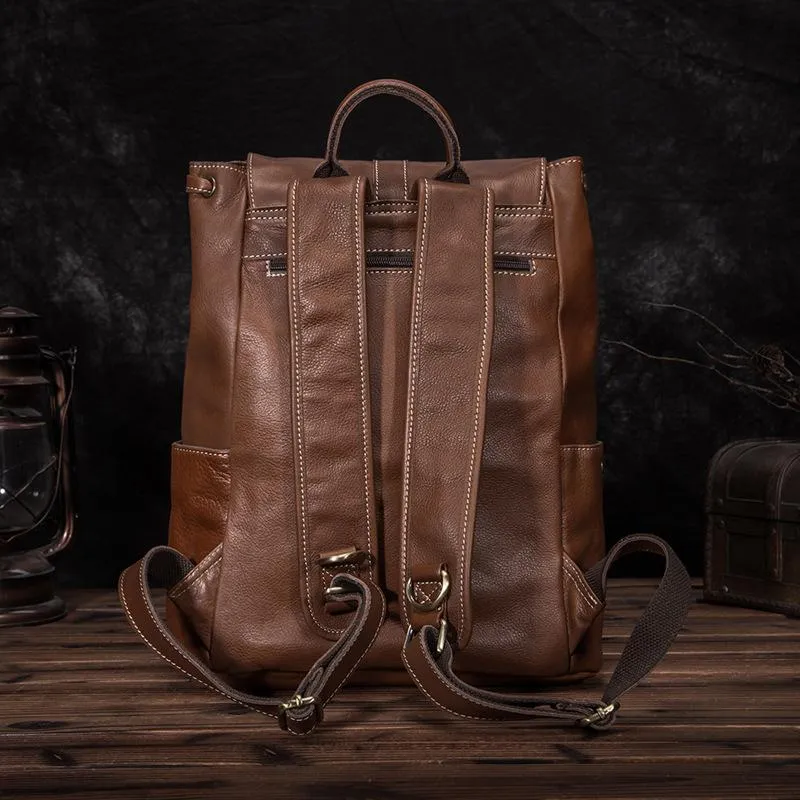 Top Brown Leather Men's Satchel Backpack Computer Backpack 14 inches School Backpack For Men
