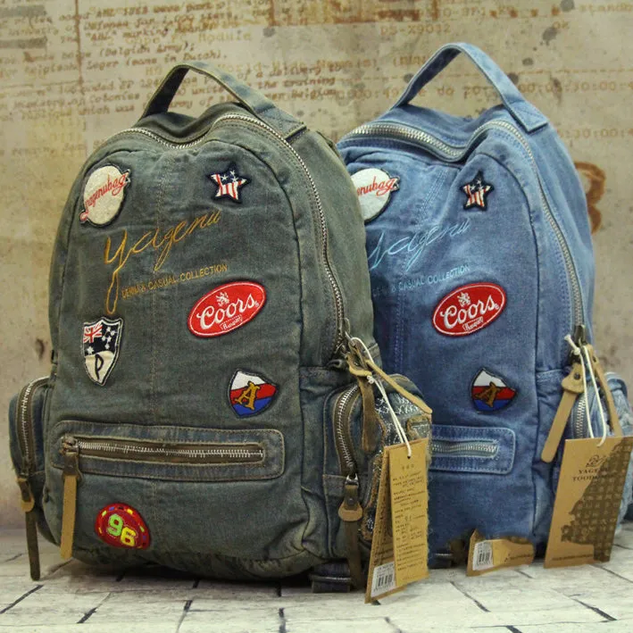 Vintage Blue Denim Womens Backpack School Backpack With Stickers Vintage Denim Backpack For Women