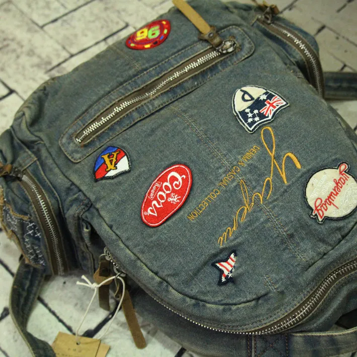 Vintage Blue Denim Womens Backpack School Backpack With Stickers Vintage Denim Backpack For Women
