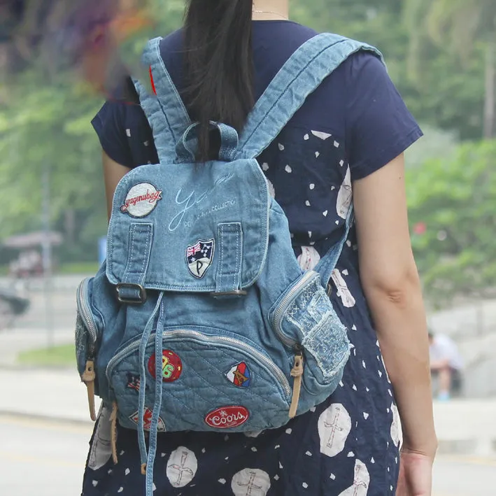 Vintage Blue Denim Womens Backpack School Backpack With Stickers Vintage Denim Backpack For Women
