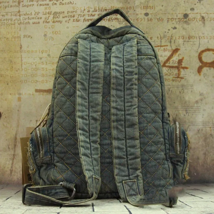 Vintage Blue Denim Womens Backpack School Backpack With Stickers Vintage Denim Backpack For Women