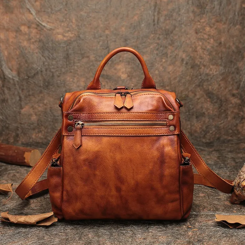 Vintage Brown Leather Rucksack Womens School Leather Backpack Ladies Backpack Purses