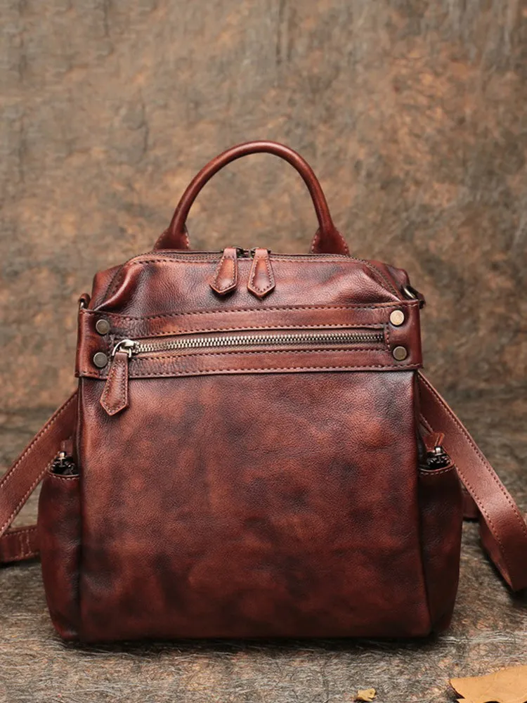 Vintage Brown Leather Rucksack Womens School Leather Backpack Ladies Backpack Purses