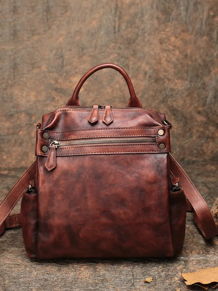 Vintage Brown Leather Rucksack Womens School Leather Backpack Ladies Backpack Purses
