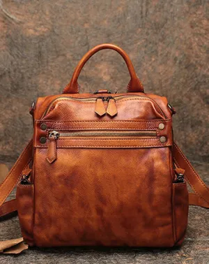 Vintage Brown Leather Rucksack Womens School Leather Backpack Ladies Backpack Purses
