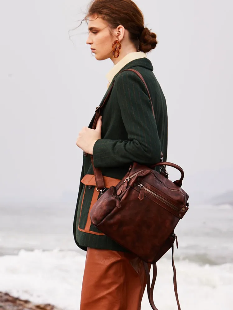 Vintage Brown Leather Rucksack Womens School Leather Backpack Ladies Backpack Purses