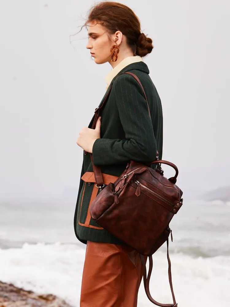 Vintage Brown Leather Rucksack Womens School Leather Backpack Ladies Backpack Purses