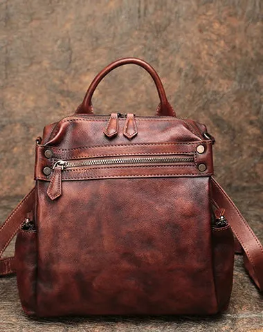 Vintage Brown Leather Rucksack Womens School Leather Backpack Ladies Backpack Purses
