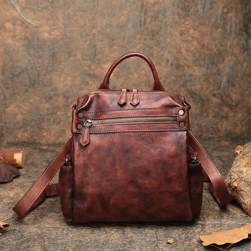 Vintage Brown Leather Rucksack Womens School Leather Backpack Ladies Backpack Purses