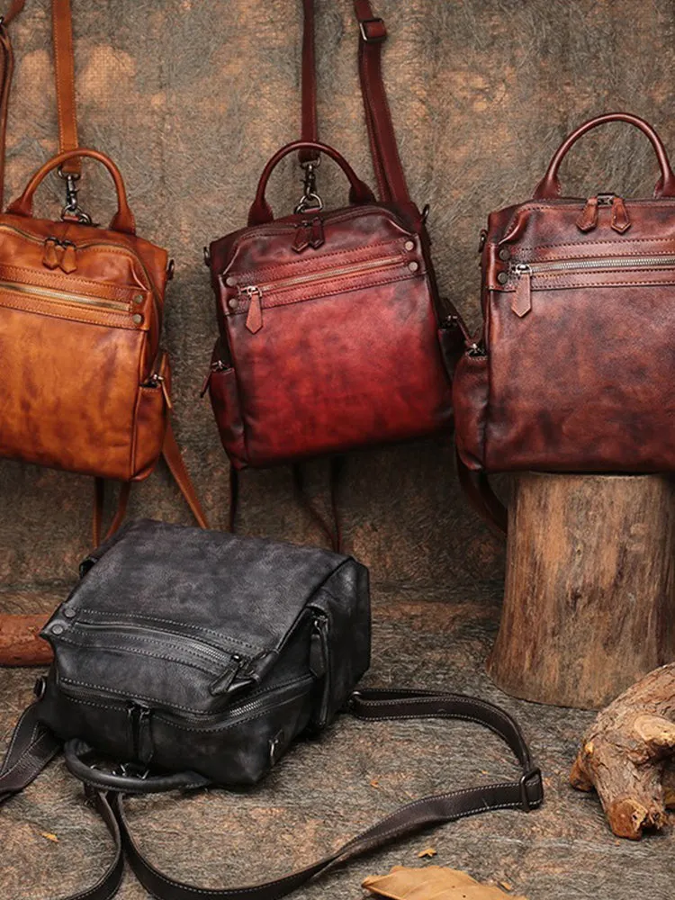 Vintage Brown Leather Rucksack Womens School Leather Backpack Ladies Backpack Purses