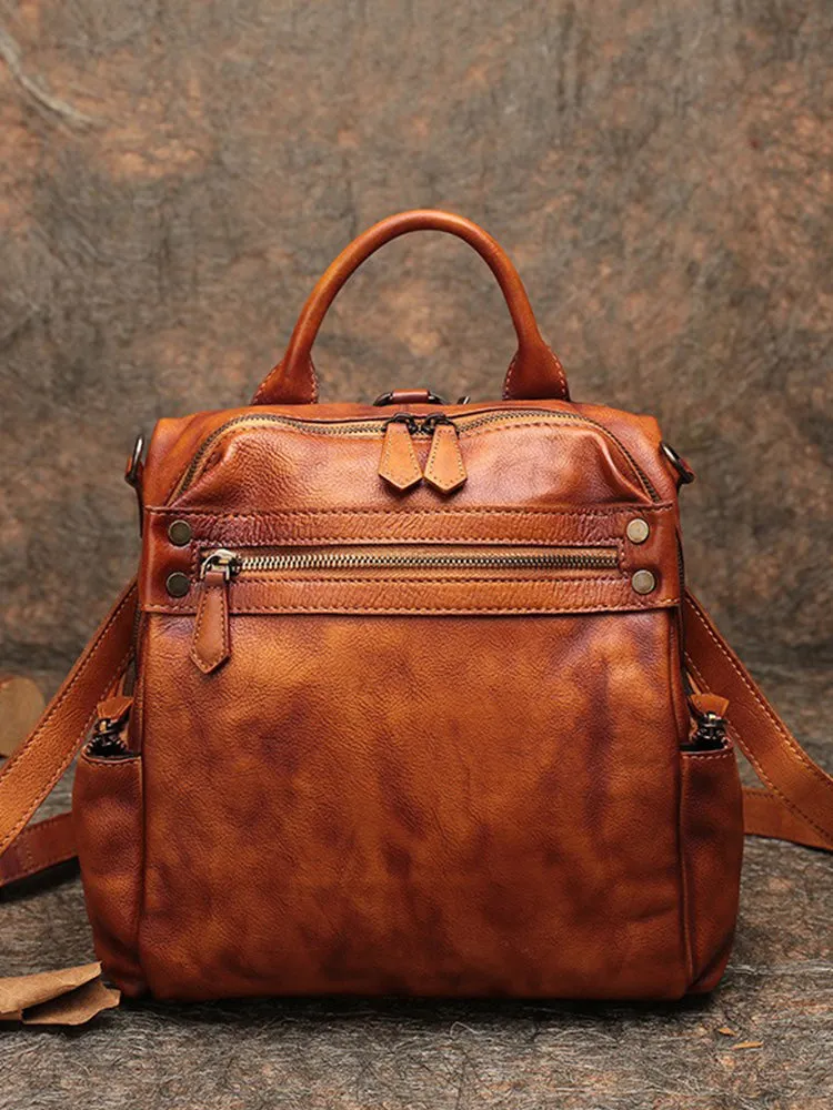 Vintage Brown Leather Rucksack Womens School Leather Backpack Ladies Backpack Purses