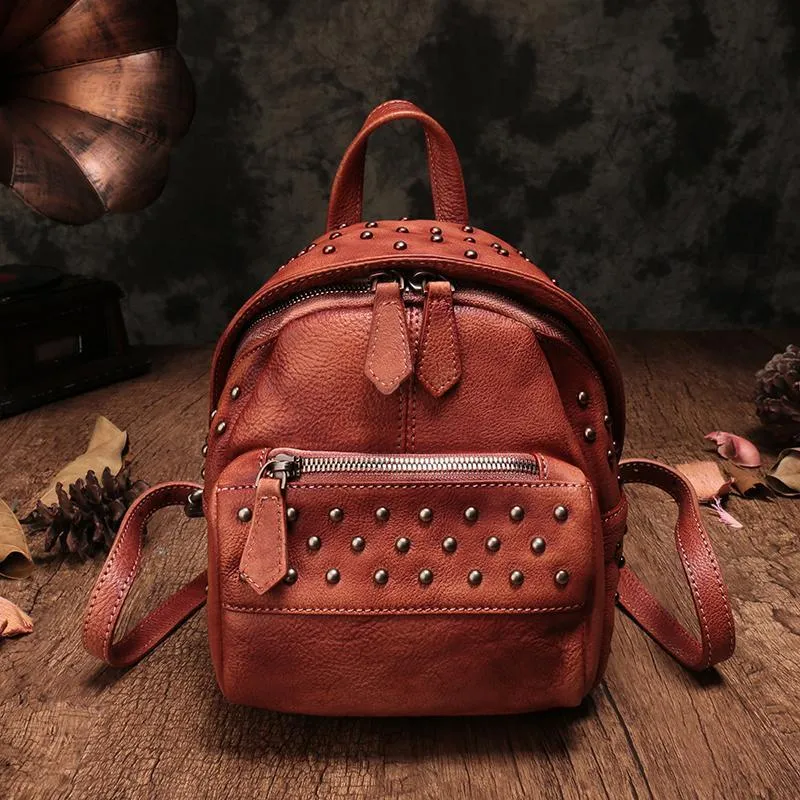Vintage Brown Leather Womens Backpacks Small Black Leather Backpack for Ladies