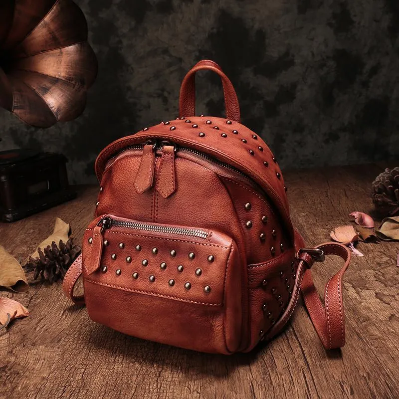 Vintage Brown Leather Womens Backpacks Small Black Leather Backpack for Ladies