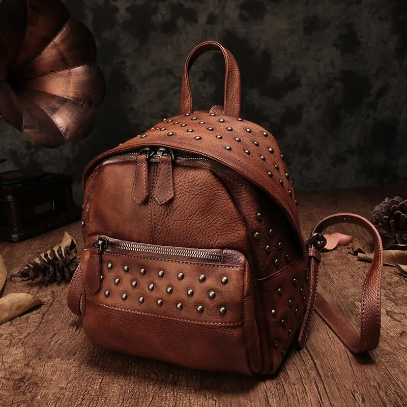 Vintage Brown Leather Womens Backpacks Small Black Leather Backpack for Ladies