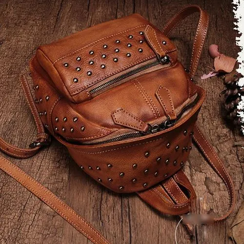 Vintage Brown Leather Womens Backpacks Small Black Leather Backpack for Ladies