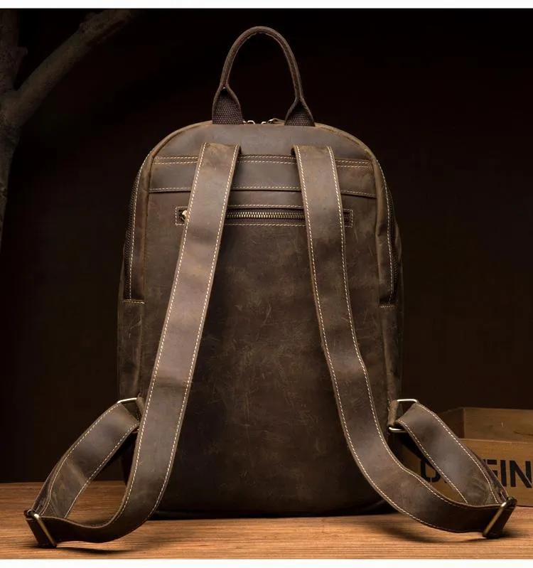 Vintage Brown Mens Leather 14 inches Laptop Backpacks Dark Brown Travel Backpacks School Backpacks for men
