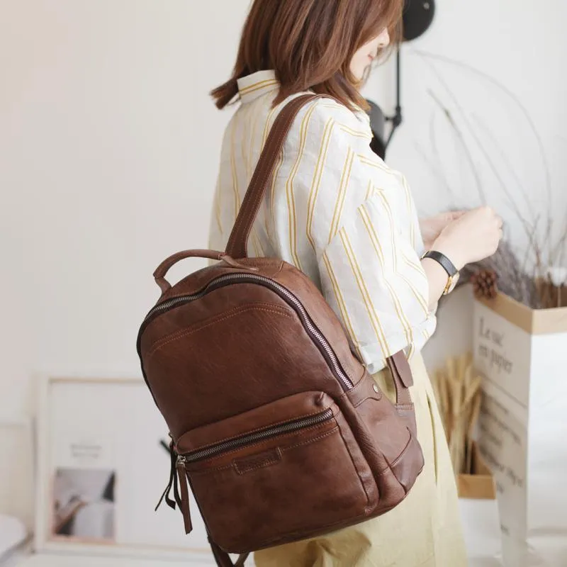 Vintage Cute Tan Leather Backpack Coffee Leather Fashion School Backpack for Women