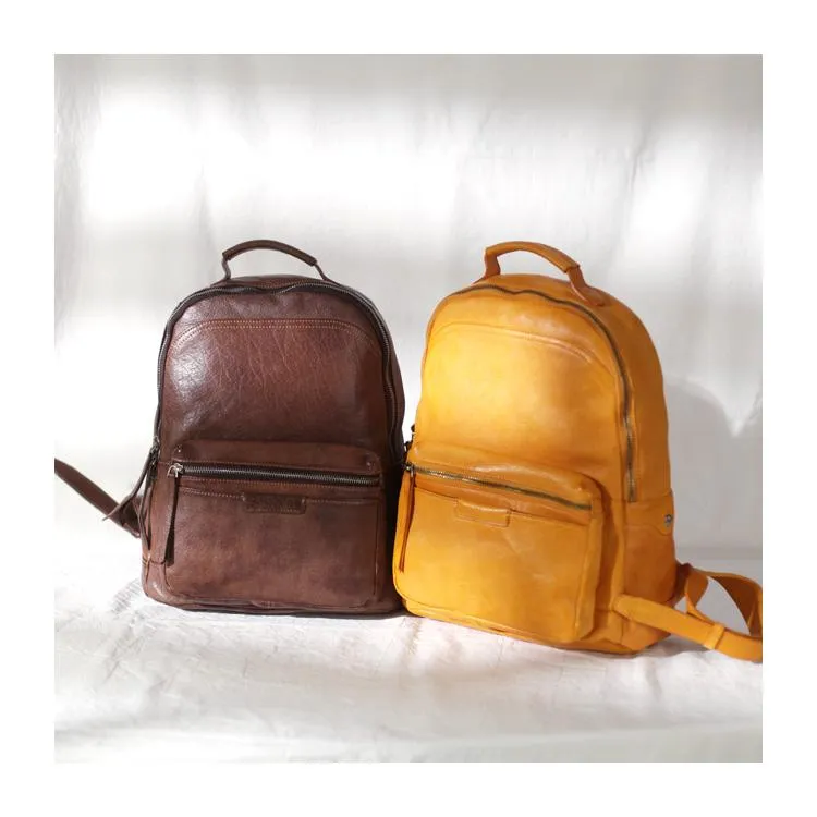 Vintage Cute Tan Leather Backpack Coffee Leather Fashion School Backpack for Women