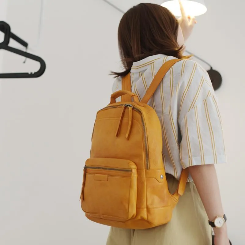 Vintage Cute Tan Leather Backpack Coffee Leather Fashion School Backpack for Women