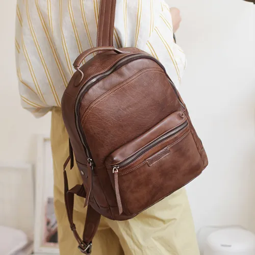 Vintage Cute Tan Leather Backpack Coffee Leather Fashion School Backpack for Women