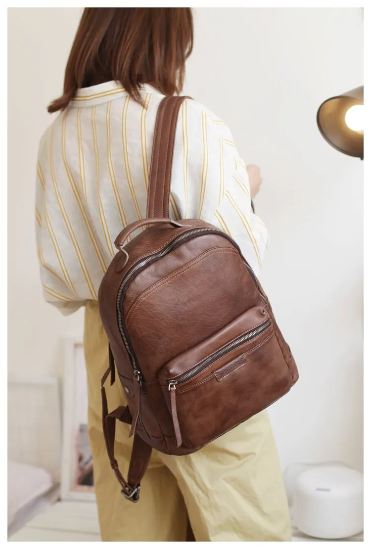 Vintage Cute Tan Leather Backpack Coffee Leather Fashion School Backpack for Women