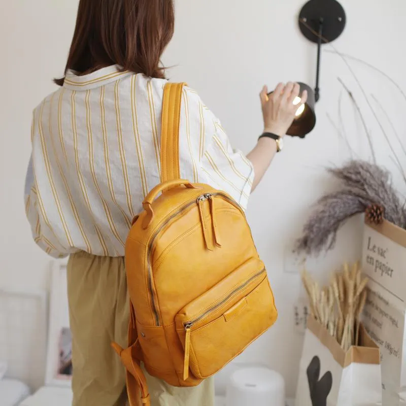 Vintage Cute Tan Leather Backpack Coffee Leather Fashion School Backpack for Women