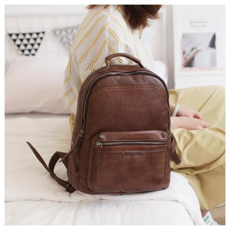 Vintage Cute Tan Leather Backpack Coffee Leather Fashion School Backpack for Women