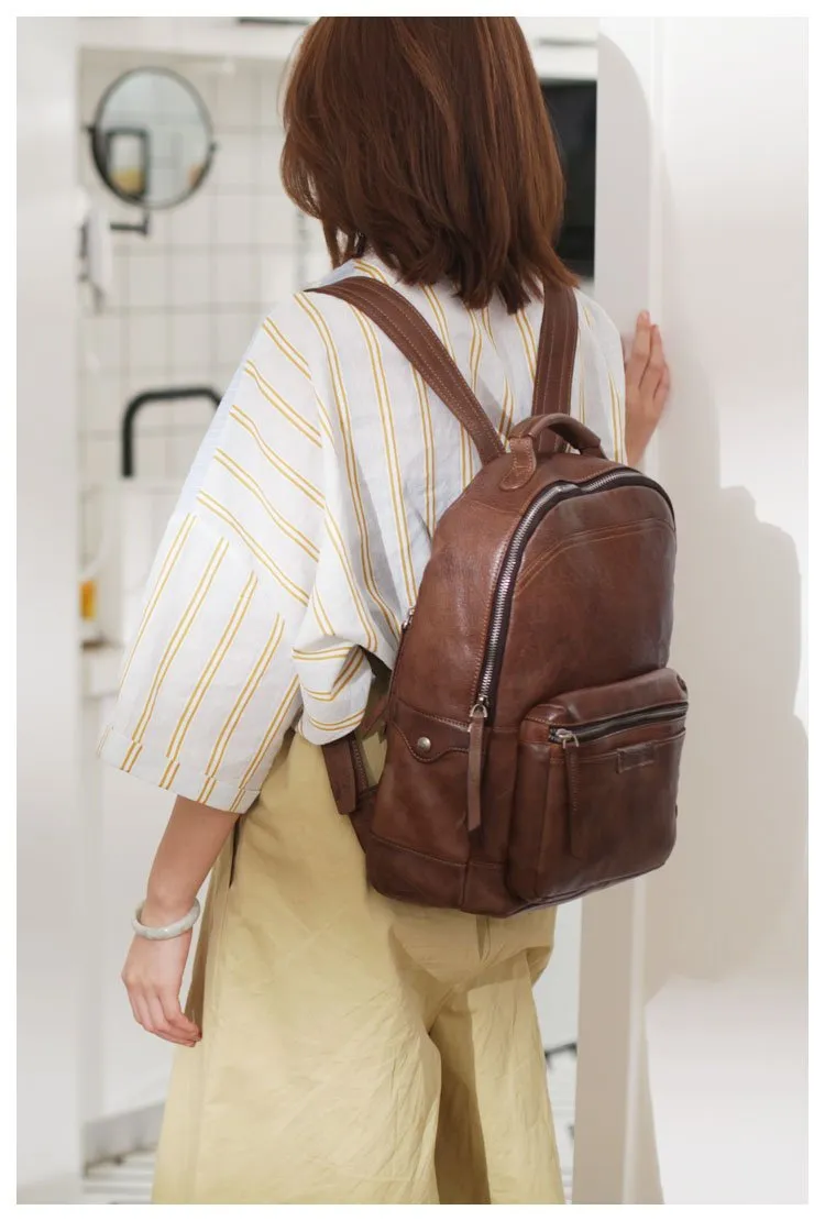 Vintage Cute Tan Leather Backpack Coffee Leather Fashion School Backpack for Women