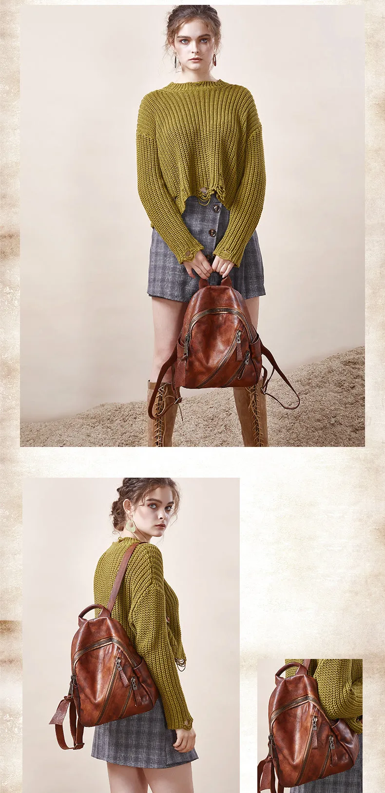 Vintage Dark Gray Leather Rucksack Womens Best School Backpack Ladies Leather Backpack Purses