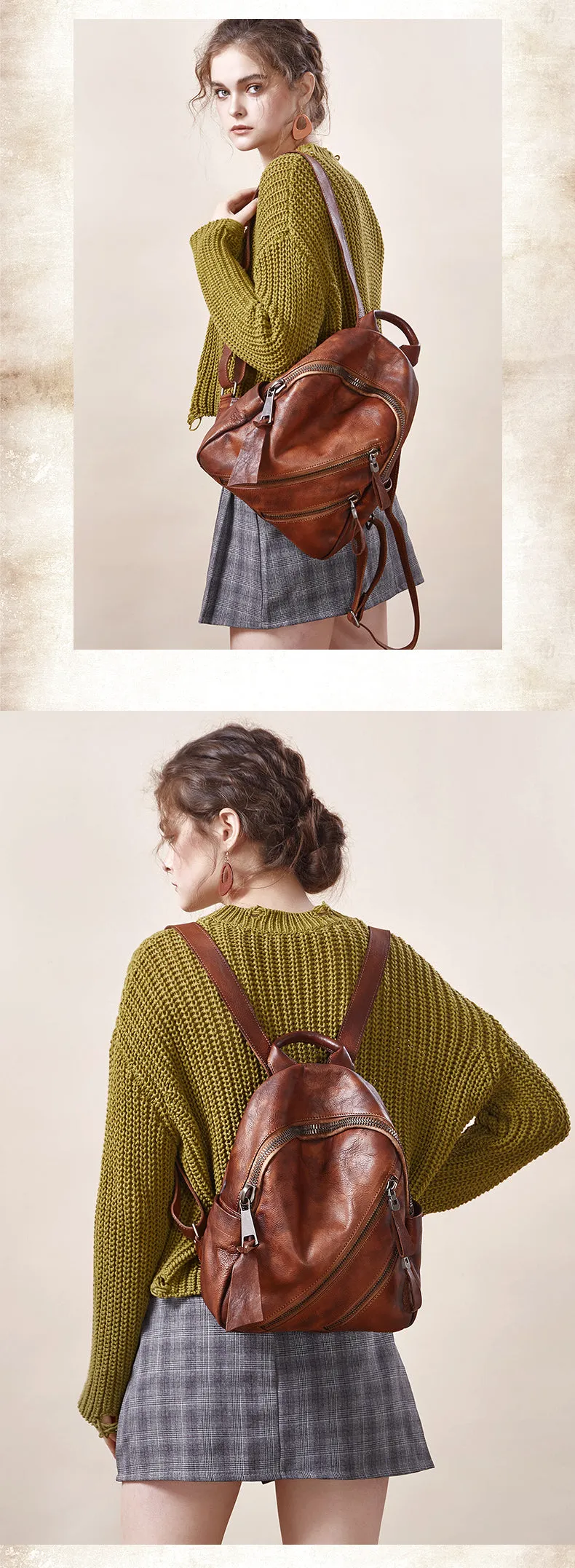 Vintage Dark Gray Leather Rucksack Womens Best School Backpack Ladies Leather Backpack Purses