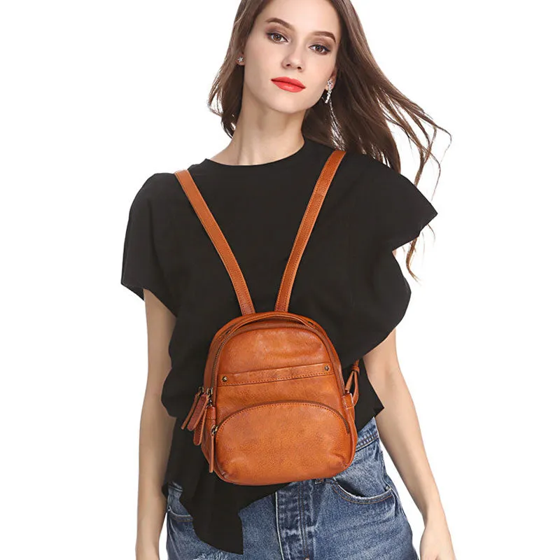 Vintage Leather Brown Womens Backpack Travel Backpack Red School Backpack for Women