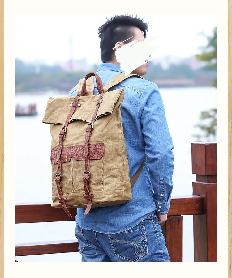 Waxed Canvas Leather Mens 15???? Green Waterproof Backpack Khaki Travel Backpack Hiking Backpack for Men