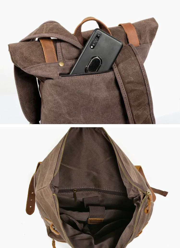 Waxed Canvas Leather Mens 15'' Hiking Green Backpack Black Computer Backpack Travel Backpack for Men
