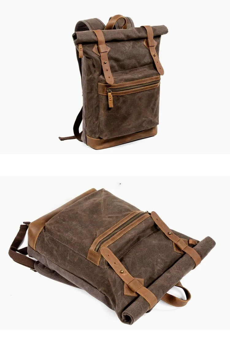 Waxed Canvas Leather Mens 15'' Hiking Green Backpack Black Computer Backpack Travel Backpack for Men