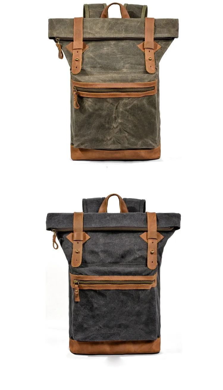 Waxed Canvas Leather Mens 15'' Hiking Green Backpack Black Computer Backpack Travel Backpack for Men