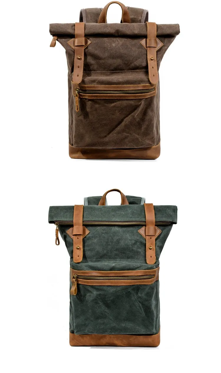 Waxed Canvas Leather Mens 15'' Hiking Green Backpack Black Computer Backpack Travel Backpack for Men