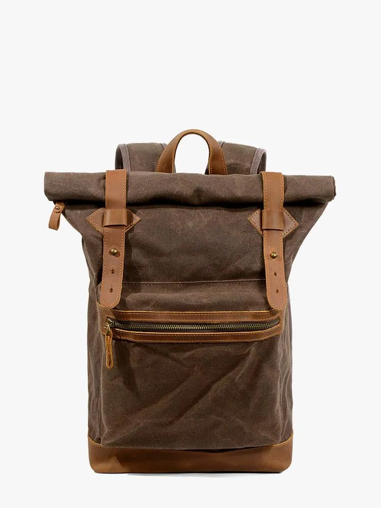 Waxed Canvas Leather Mens 15'' Hiking Green Backpack Black Computer Backpack Travel Backpack for Men