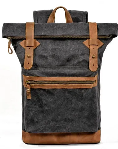 Waxed Canvas Leather Mens 15'' Hiking Green Backpack Black Computer Backpack Travel Backpack for Men