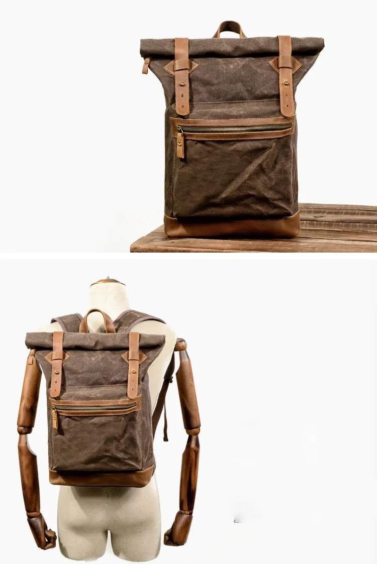 Waxed Canvas Leather Mens 15'' Hiking Green Backpack Black Computer Backpack Travel Backpack for Men