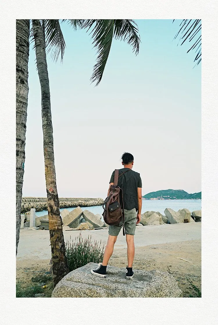 Waxed Canvas Leather Mens Large Backpack Canvas Travel Backpack Barrel Travel Backpacks for Men