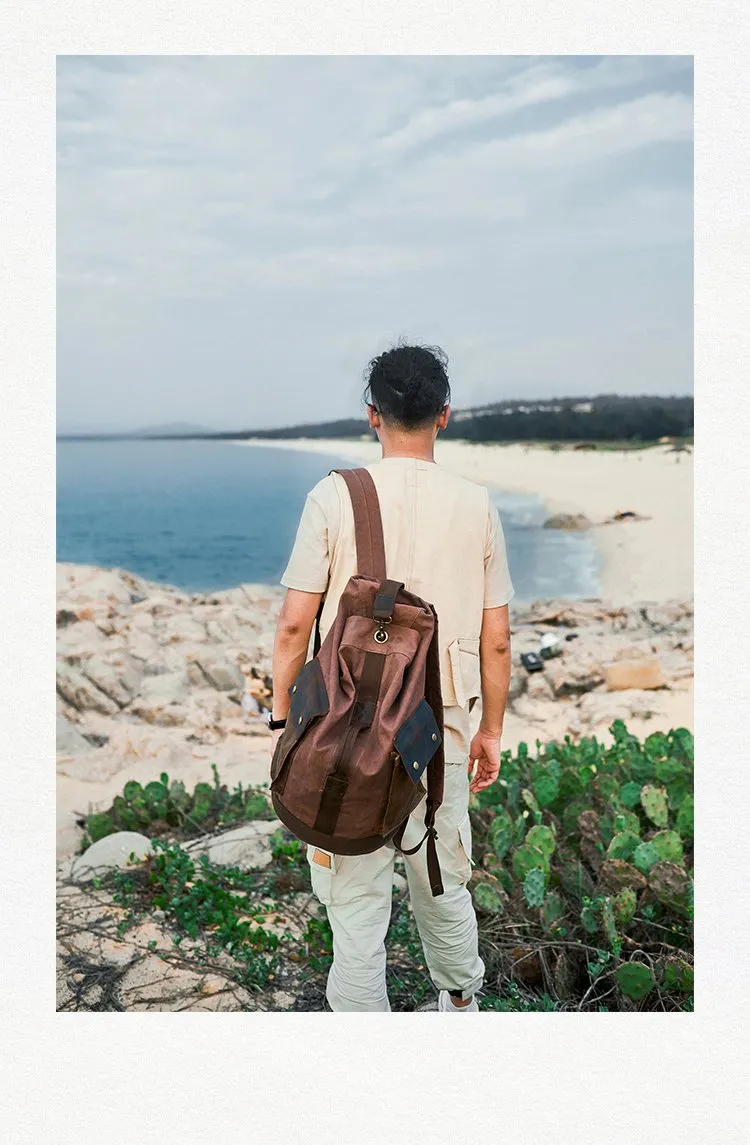 Waxed Canvas Leather Mens Large Backpack Canvas Travel Backpack Barrel Travel Backpacks for Men