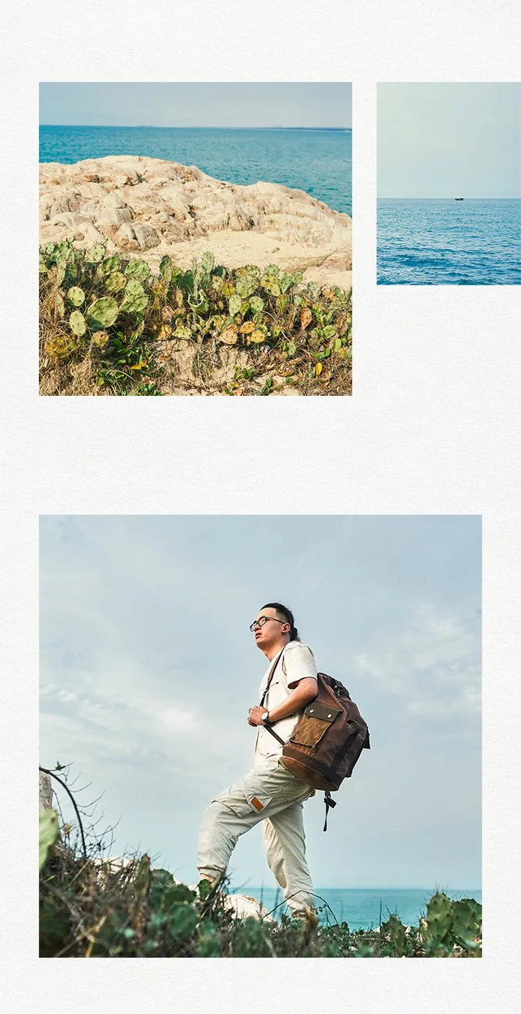 Waxed Canvas Leather Mens Large Backpack Canvas Travel Backpack Barrel Travel Backpacks for Men